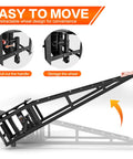 Close-up of Pair Of Hydraulic Car Ramps With Wheels, showing retractable wheels and metal handle for easy portability.