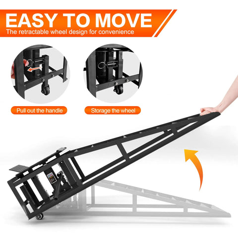 Close-up of Pair Of Hydraulic Car Ramps With Wheels, showing retractable wheels and metal handle for easy portability.