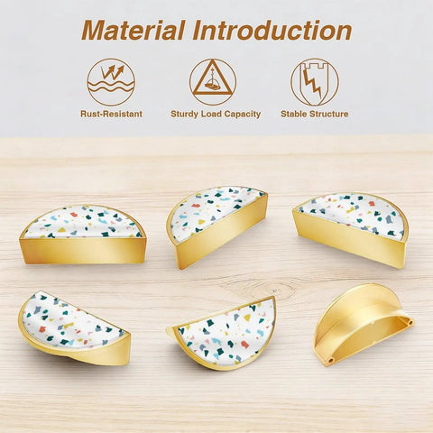 Two Pack Colorful Terrazzo Cabinet Handles With 3 Inch Center Hole Semicircle Gold Drawer Pulls Solid Zinc Alloy Hardware For Kitchen Bathroom Vanity And Dresser Customizable Pattern Panels That Are Stylish And Durable Easy Install shown on wooden surface