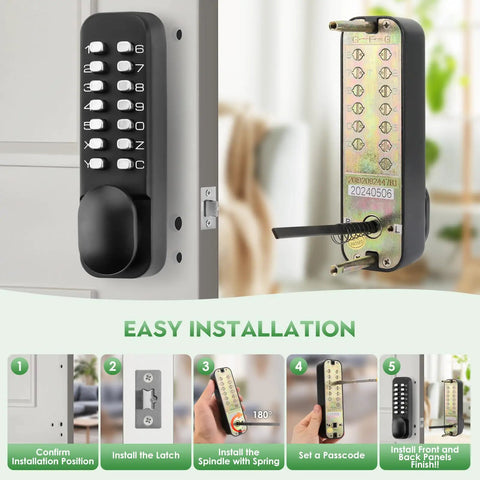 Mechanical Keyless Entry Door Lock With Double Sided Keypad And Lever Handle For Front Gate Auto Locking Interior Exterior Push Button Code Matte Black No Battery Required installation steps