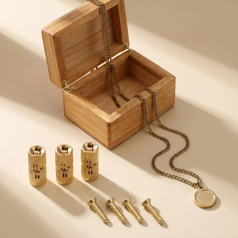 Brass Hidden Barrel Hinges Set for Cabinets and Jewelry Boxes, 4 Pcs 8mm Concealed Hinges with screws and open wooden box