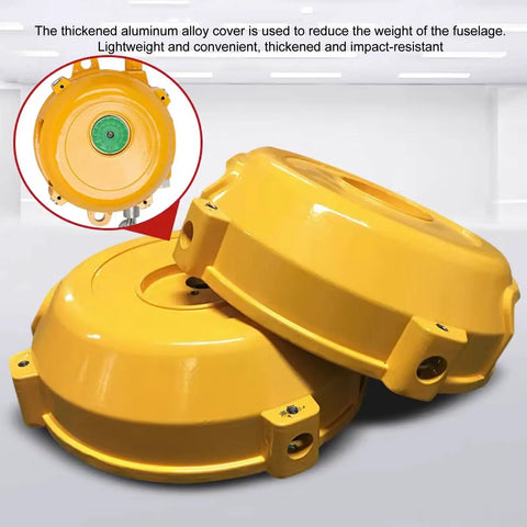 Shop Ready Heavy Duty Spring Balancer Reel With Wire Rope Tool Hanger And Self Locking Aluminum Pulley For Factory Assembly Lines Rugged Job Sites And Daily Workshop Grind One Sixty Kilograms, yellow aluminum covers.