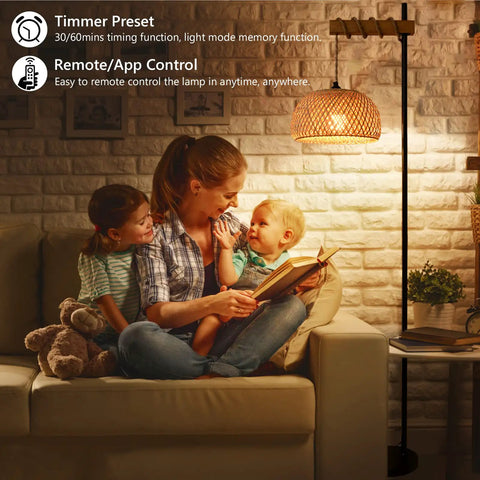 Boho Floor Lamp With Remote For Living Room And Bedroom, Farmhouse Dimmable Rattan Standing Lamp With Bamboo Lampshade, Wood Black Tall Lamp, App Control And Smart Bulb Included, 9W LED, Cozy Warm Glow
