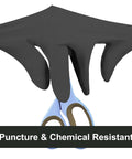 Black Nitrile Gloves 5 Mil Silicone Free for Food Prep and Cleaning, Disposable showing puncture resistance with scissors.
