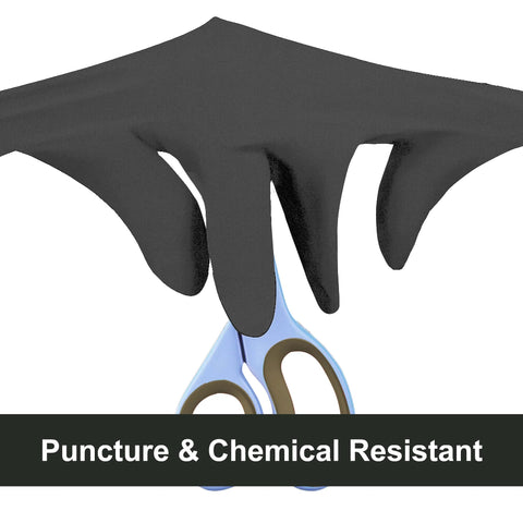 GLOVEWORKS XL black nitrile disposable gloves graphic with scissors and Puncture & Chemical Resistant banner