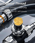 Heavy Duty Brass Hex Pipe Plug Fittings Kit, 24 Pieces, Includes One Eighth Inch, One Quarter Inch, Three Eighth Inch, And One Half Inch NTP Male Thread Plugs, Durable Corrosion Resistant Brass, Leak Proof Seal For Plumbing, DIY, And Home Improvement shown installed on pipes