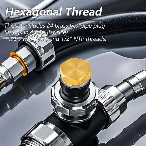 Heavy Duty Brass Hex Pipe Plug Fittings Kit, 24 Pieces, Includes One Eighth Inch, One Quarter Inch, Three Eighth Inch, And One Half Inch NTP Male Thread Plugs, Durable Corrosion Resistant Brass, Leak Proof Seal For Plumbing, DIY, And Home Improvement shown installed on pipes