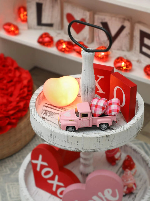 Valentine's Day Metal Farm Truck Decor With Two Hearts on tiered tray, pink diecast model, farmhouse charm, 4.8 inch, tabletop setting