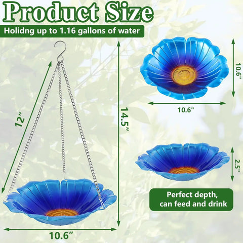 Two Pack Hanging Bird Baths For Outdoors, 11 Inch Metal Water Bowls With Rust-Proof Stainless Steel Chains, Flower Shape Design