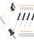 Tri Fold Aluminum Rivets Kit, 60 Pcs Black Exploding Pop Rivets with Bulb Style Tri Grip Heads, shown close-up and side view
