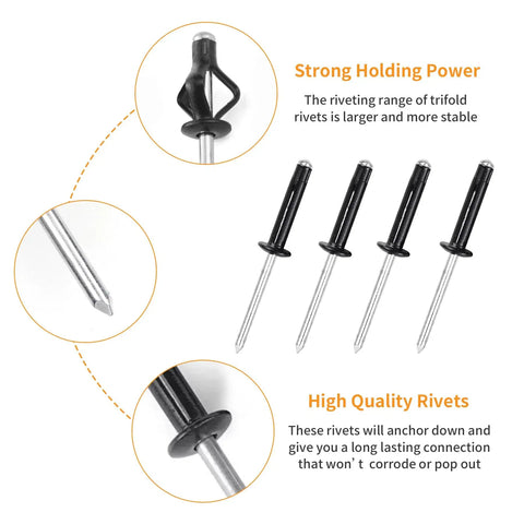 Tri Fold Aluminum Rivets Kit, 60 Pcs Black Exploding Pop Rivets with Bulb Style Tri Grip Heads, shown close-up and side view