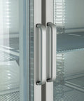 Close-up of handles on Heavy Duty Three Door Glass Front Commercial Refrigerator Reach In Cooler Built Tough With Stainless Steel Exterior.