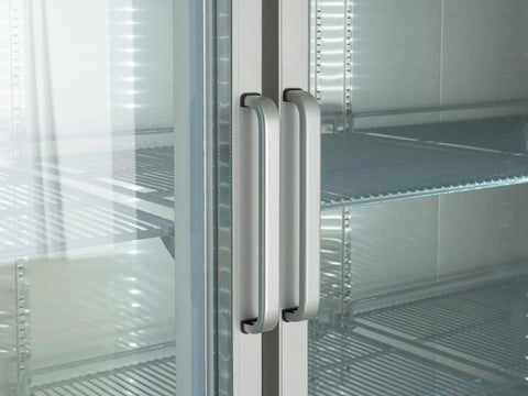 Close-up of handles on Heavy Duty Three Door Glass Front Commercial Refrigerator Reach In Cooler Built Tough With Stainless Steel Exterior.