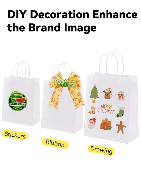 White Gift Bags With Handles 100 Pack 8.25x4.3x10.6 Inch Bulk Kraft Paper Bags For Shopping Retail Merch Weddings Party Favors