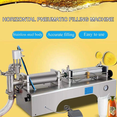 Top Tier Automatic Bottle Filler With Fully Pneumatic Piston Drive, Drip Proof Single Head Nozzle, Horizontal Liquid Filling Machine For Beverages And Cosmetics, 1000 To 5000 Ml Range, Hassle Free Setup And No Sweat Operation. Stainless steel pneumatic filling machine with precise dispensing for beverages.