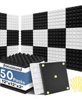 Premium Black And White Pyramid Acoustic Panels 50 Pack With Heavy Duty Double Sided Tape For Quick No Drill Wall Mounting, black and white tiles arranged decoratively.