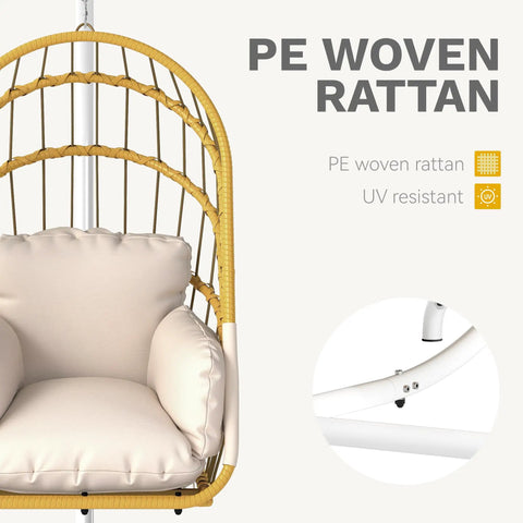 Beige Wicker Egg Chair With Stand For Indoor And Outdoor Use Foldable Hanging Hammock Cushions Included 300 Lbs Capacity Patio