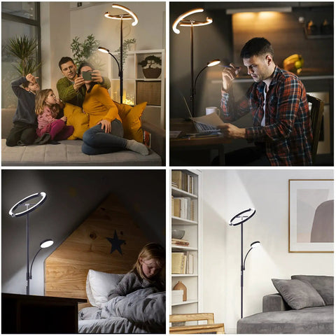 Lit LED Floor Lamp With Rotatable Main Light And Flexible Reading Light in various home settings: family room, office, bedroom, living room.