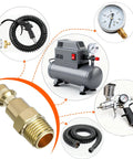Brass Quarter Inch Air Plug Quick Connect Fittings 10 Pack MNPT Air Hose Connectors for compressors and pneumatic tools displayed.