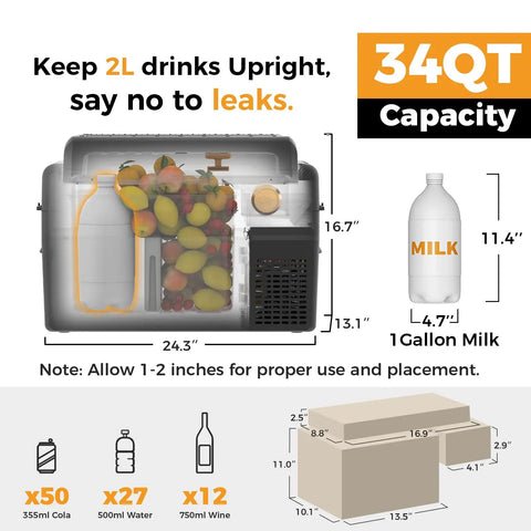 Kickass 34 Quart 12V Refrigerator Stays Bone Cold 24H Portable Car Fridge Total Game Changer For Weekend Rv Adventures Elevates 2 Liter Bottles Upright with fruits and milk inside.