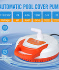 Automatic Pool Cover Pump One Quarter HP 1500 GPH Submersible Sump Pump 115 And 230 Volt With 26 Foot Power Cord And Two Adapters