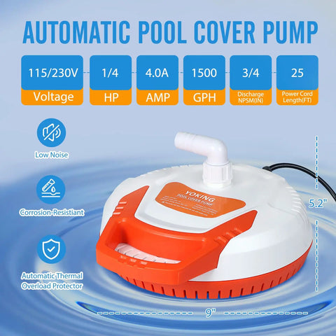 Automatic Pool Cover Pump One Quarter HP 1500 GPH Submersible Sump Pump 115 And 230 Volt With 26 Foot Power Cord And Two Adapters