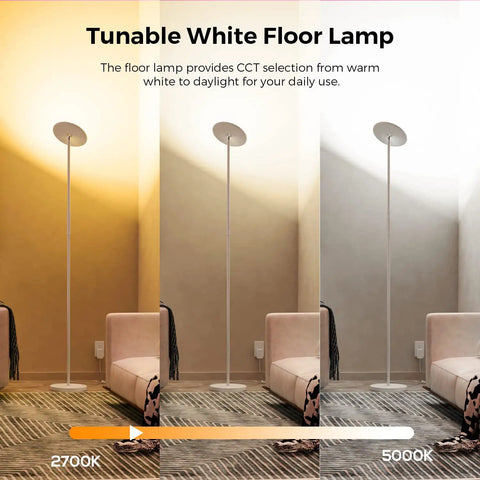 Smart Floor Lamp WiFi With Alexa And Google Home, 24W RGBW Dimmable Torchiere showing warm to cool white settings in a living room