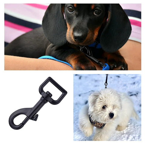 Top Tier Hella Sturdy Black Swivel Eye Bolt Snap Hooks And Heavy Duty Dog Leash Clips With Rust Resistant Zinc Alloy Build For Secure Pet Walking Gear Four Pack on a dog leash.