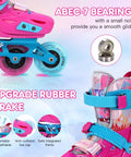 Five Size Adjustable Inline Skates For Kids with pink design, ABEC-7 bearings, rubber brake, lightweight and locking buckles.