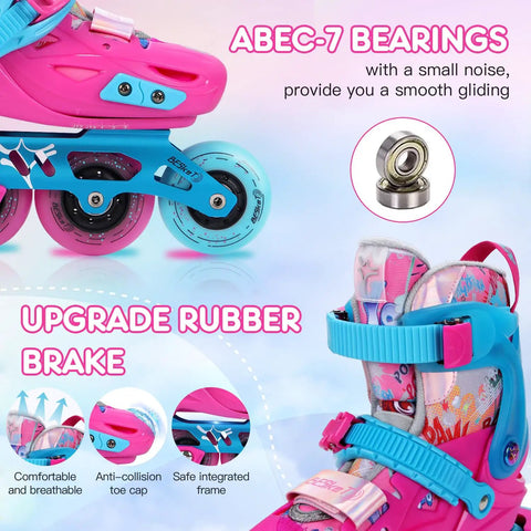 Five Size Adjustable Inline Skates For Kids with pink design, ABEC-7 bearings, rubber brake, lightweight and locking buckles.