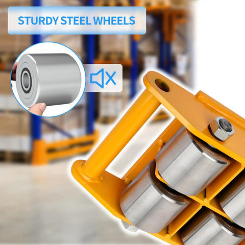 Close-up of Dollate 26400 Lbs Heavy Duty Machine Skates steel wheels, designed for smooth movement on factory floors.