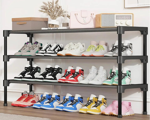 Three Tier Shoe Rack For Closet Front Door Entryway And Garage, Stackable Freestanding with shoes displayed, durable steel frame.