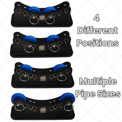 Magnetic Pipe Bevel Roller System For Welding And Fabrication, four adjustable position views, black base, blue rollers
