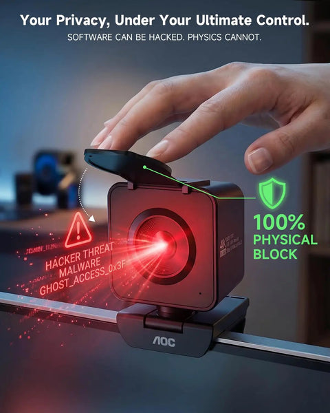 Crisp 4K Webcam Featuring Sony IMX363 Sensor And Breezy 60 FPS Streaming For PC Gaming And Home Office Use With Quick Phase Detection Auto Focus To Keep Your Video Clean During Livestreams Or Remote Calls Without Pixelation Draining Your Vibe, shown with privacy cover activated.