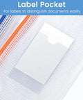 Close-up of 24 Pack Mesh Zipper Pouches With Label Pocket A6 Clear Pencil Cases for school supplies organization, showing label pocket feature.