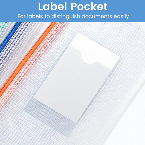 Close-up of 24 Pack Mesh Zipper Pouches With Label Pocket A6 Clear Pencil Cases for school supplies organization, showing label pocket feature.