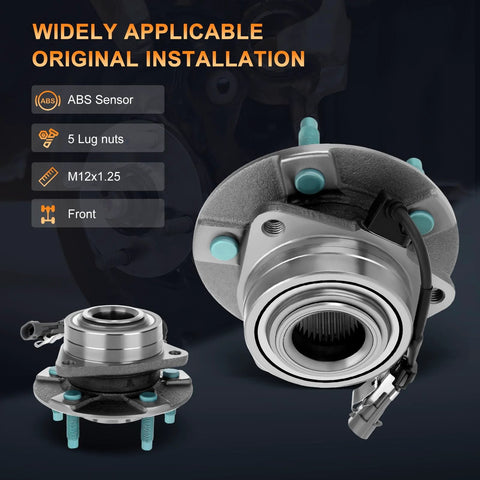 Beefed-Up Front Wheel Bearing And Hub Assembly Replacement For 2002-2007 Saturn Vue, 2005-2006 Chevy Equinox, 2002-2007 Pontiac Torrent With 5 Lug And ABS, Front Axle Hub Bearing, 2 Piece Set with ABS sensor and 5 lug nuts in focus
