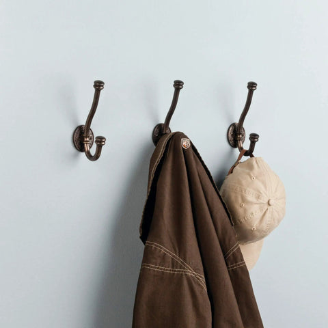 Jumbo Hammered Coat And Hat Wall Hooks 5 Pack with Double Hooks in Brushed Oil Rubbed Bronze mounting hats and coat