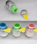 Snag This Badass Three Pack Faucet Water Filter with green, blue, and pink lids, showing six-layer activated carbon cartridge strips.