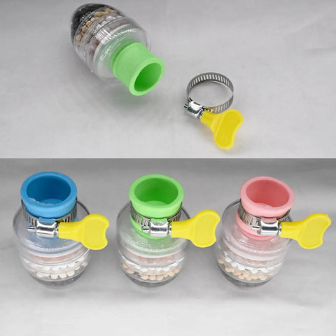 Snag This Badass Three Pack Faucet Water Filter with green, blue, and pink lids, showing six-layer activated carbon cartridge strips.