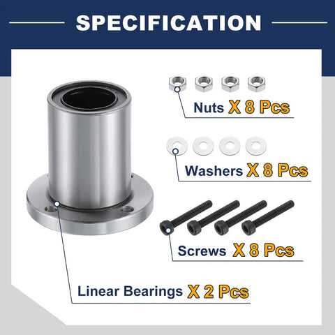LMF25UU Linear Ball Bearing Set 26mm Bore And 40mm OD 58mm Length With Nickel Plated Round Flange 2 Pack included screws and nuts