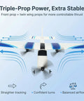 Beginner Friendly 2.4GHz RC Plane with 3 Axis Gyro, showcasing triple-prop power and EPP body for stable flight, aerial view.