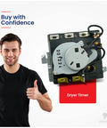 GE Dryer Timer Replacement WE4M365 WE4M527 Premium Pro Grade Timer shown with smiling man giving thumbs up