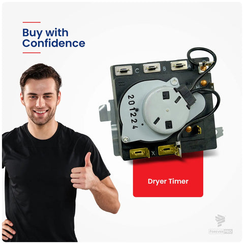 GE Dryer Timer Replacement WE4M365 WE4M527 Premium Pro Grade Timer shown with smiling man giving thumbs up