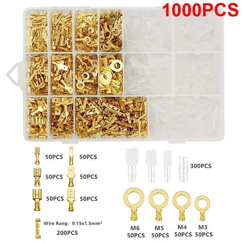 Gold Plated Insulated Spade Connectors 600 Piece Set Kit Male Female Wire Terminals 2.8mm 4.8mm 6.3mm Sizes For Automotive Electrical Wiring And Home Repair Projects These Bad Boys Hold Fast And Tight So Connections Stay Locking And Super Secure Forever., 1000-piece organizer with gold spade, bullet and ring terminals