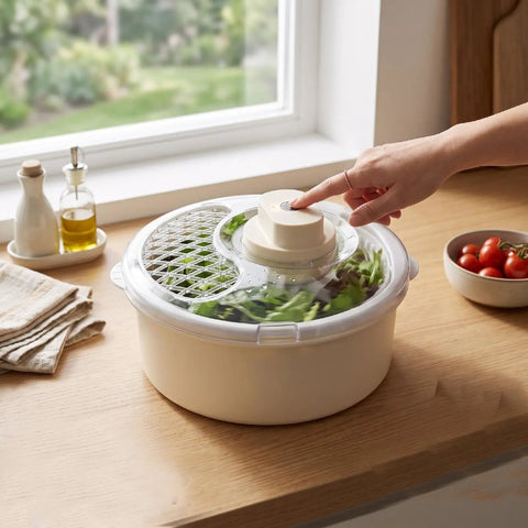 Straight Up Game Changer Electric Salad Spinner With Rapid Drain Tech That Cuts Water From Greens In Seconds in use on wooden countertop.