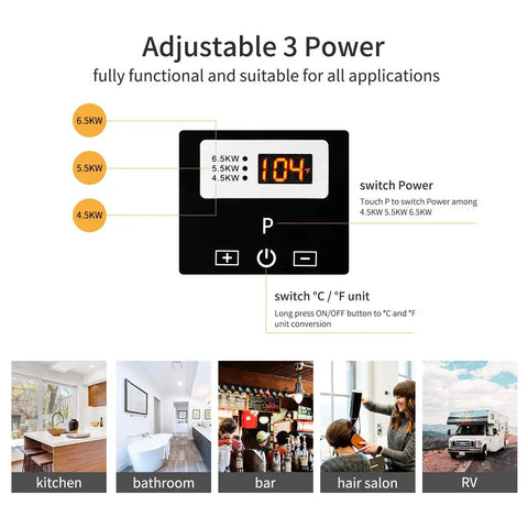 Compact 6.5KW Tankless Electric Water Heater With Remote Control and digital display shown in various settings
