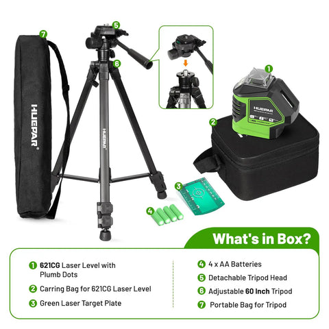 Self Leveling Laser Level With Tripod 60 Inch 360 Degree Green Horizontal Line And 140 Degree Vertical Line Two Plumb Dots Green Beam Laser Level kit contents