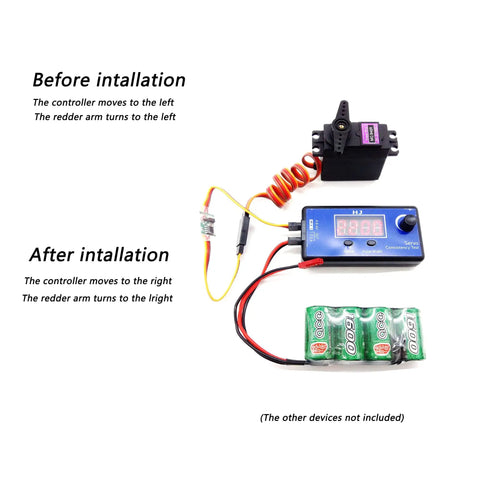 Diagram showing 2Pcs Servo Signal Reverser Inverter For PWM Control 3.6V To 24V setup before and after installation, with labeled parts.