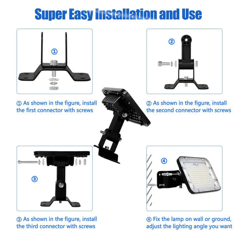 Diagram showing Crazy Bright 200W LED Flood Light 24000LM Daylight 5000K IP66 waterproof adjustable bracket installation steps.